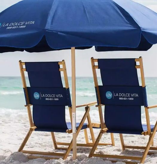Standard Beach Umbrella + 2 chairs (6 Day Minimum Rental)