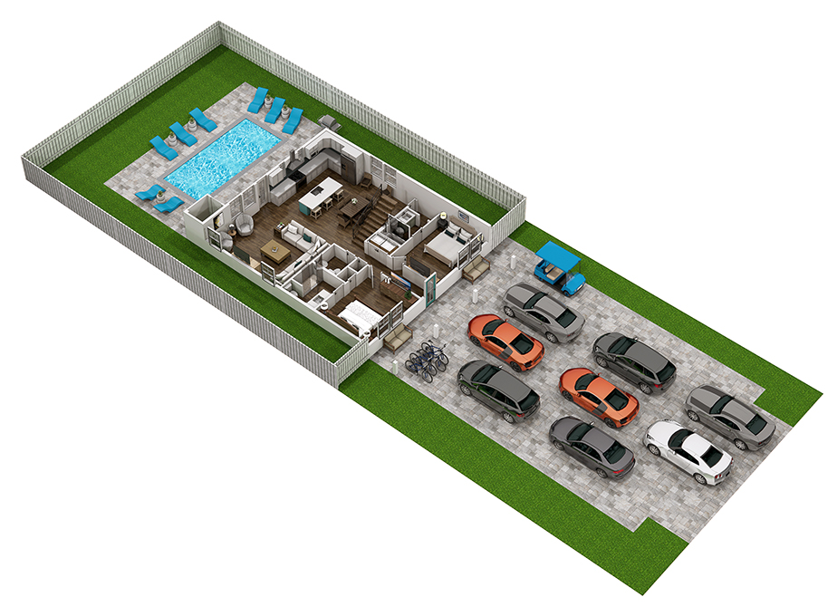 Floor 1: 3D View, Azure architectural layout