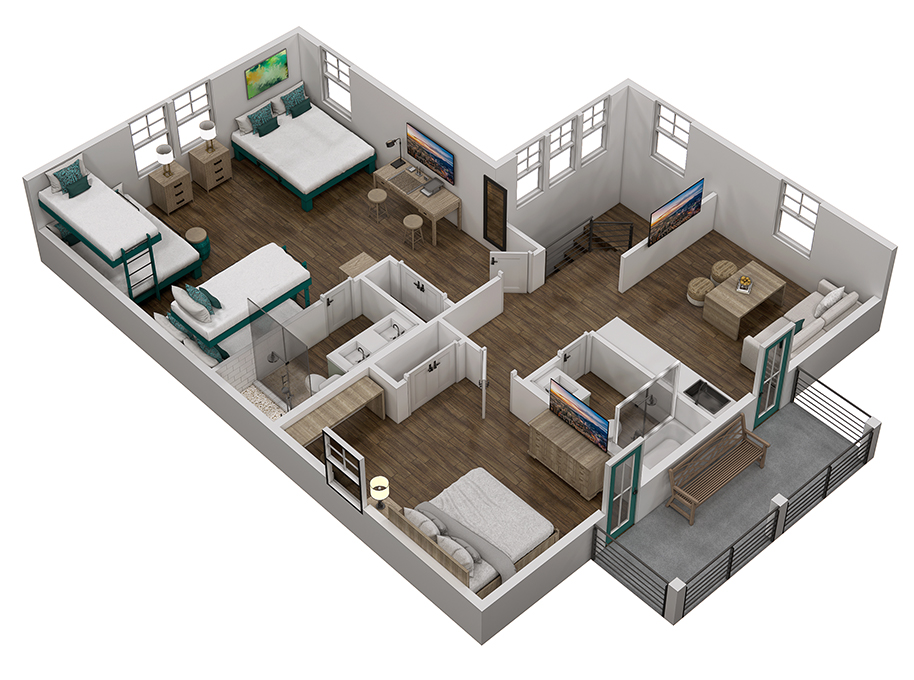 Floor 3: 3D View, Azure architectural layout